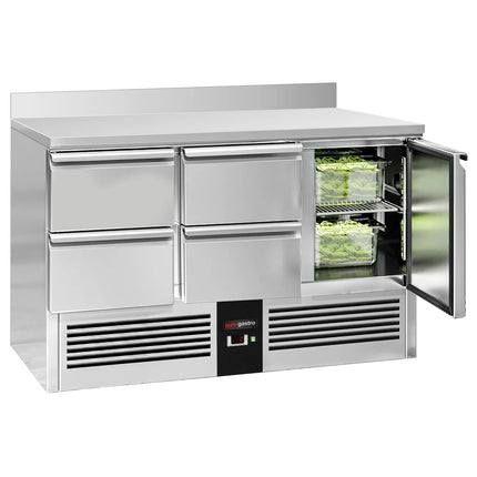 GGM Gastro Commercial Counter Fridge PREMIUM - 1368x700mm - with 1 door, 4 drawers - with upstand - capacity 368 litres