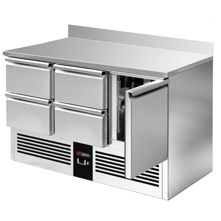 GGM Gastro Commercial Counter Fridge PREMIUM - 1368x700mm - with 1 door, 4 drawers - with upstand - capacity 368 litres