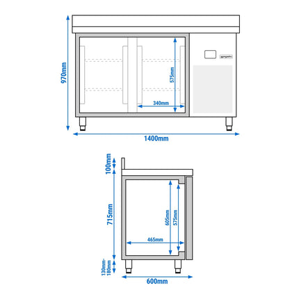 GGM Gastro Commercial Counter Fridge PREMIUM - 1400x600mm - with 2 doors - capacity 250 litres