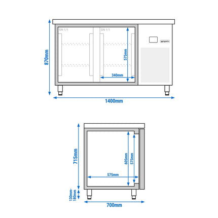 GGM Gastro Commercial Counter Fridge PREMIUM - 1400x700mm - glass doors - capacity 281 litres