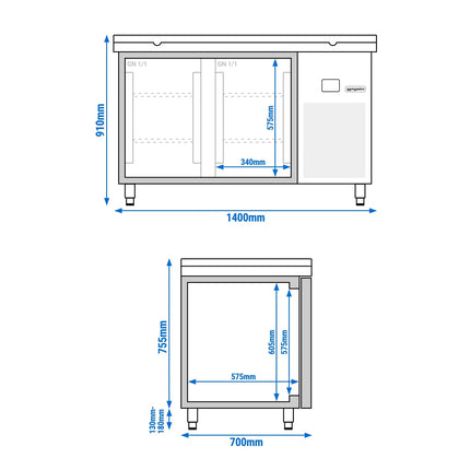 GGM Gastro Commercial Counter Fridge PREMIUM - 1400x700mm - glass doors - incl. cutting board white - capacity 281 litres