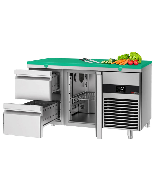 GGM Gastro Commercial Counter Fridge PREMIUM - 1400x700mm - with 1 door - 2 drawers - incl. cutting board green