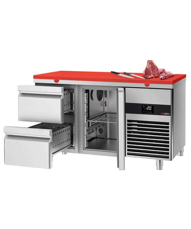 GGM Gastro Commercial Counter Fridge PREMIUM - 1400x700mm - with 1 door - 2 drawers - incl. cutting board red - capacity 281 litres