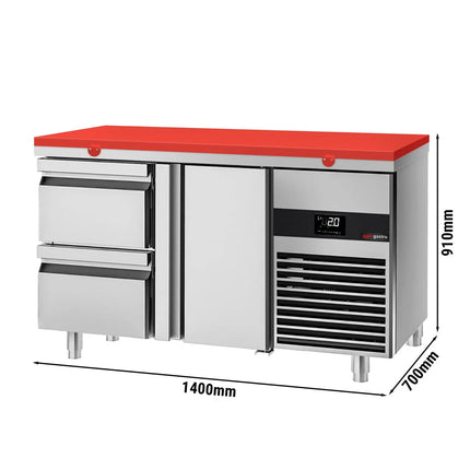 GGM Gastro Commercial Counter Fridge PREMIUM - 1400x700mm - with 1 door - 2 drawers - incl. cutting board red - capacity 281 litres
