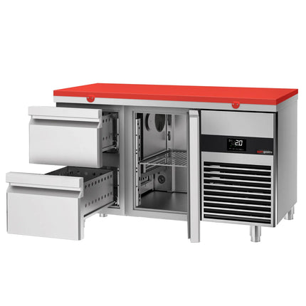 GGM Gastro Commercial Counter Fridge PREMIUM - 1400x700mm - with 1 door - 2 drawers - incl. cutting board red - capacity 281 litres