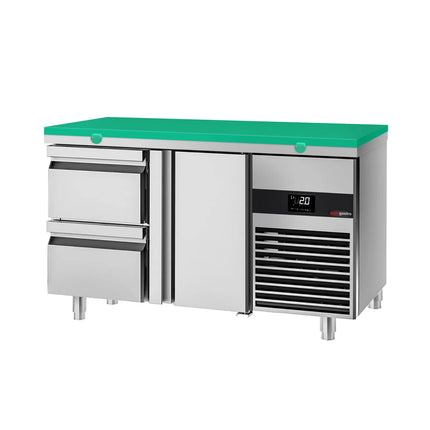 GGM Gastro Commercial Counter Fridge PREMIUM - 1400x700mm - with 1 door - 2 drawers - incl. cutting board green