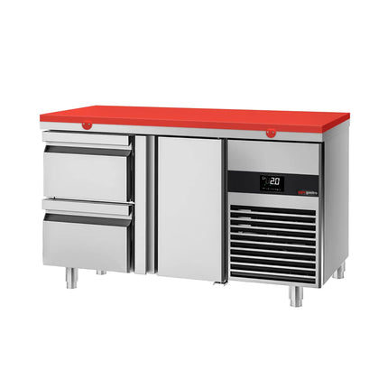 GGM Gastro Commercial Counter Fridge PREMIUM - 1400x700mm - with 1 door - 2 drawers - incl. cutting board red - capacity 281 litres