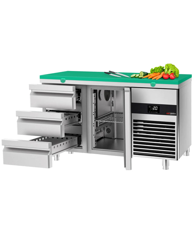 GGM Gastro Commercial Counter Fridge PREMIUM - 1400x700mm - with 1 door - 3 drawers - incl. cutting board green - capacity 281 litres