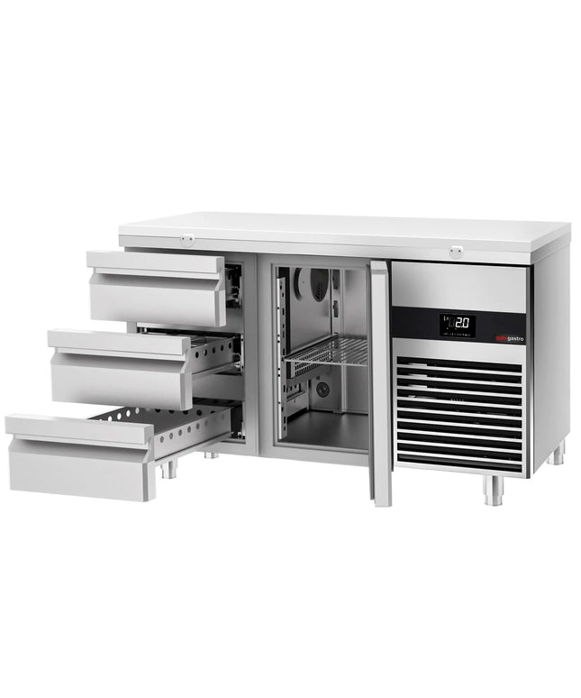 GGM Gastro Commercial Counter Fridge PREMIUM - 1400x700mm - with 1 door - 3 drawers - incl. cutting board white - capacity 281 litres