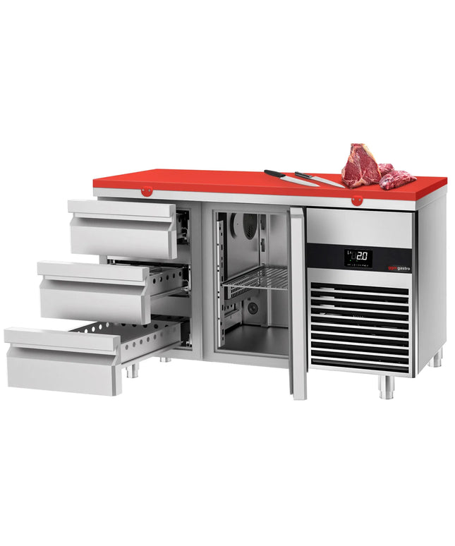 GGM Gastro Commercial Counter Fridge PREMIUM - 1400x700mm - with 1 door - 3 drawers - incl. cutting board red - capacity 281 litres