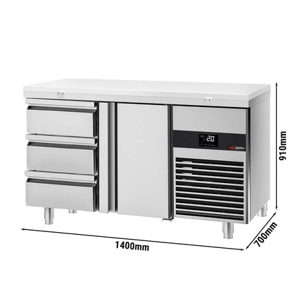 GGM Gastro Commercial Counter Fridge PREMIUM - 1400x700mm - with 1 door - 3 drawers - incl. cutting board white - capacity 281 litres