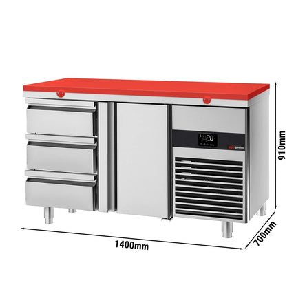 GGM Gastro Commercial Counter Fridge PREMIUM - 1400x700mm - with 1 door - 3 drawers - incl. cutting board red - capacity 281 litres