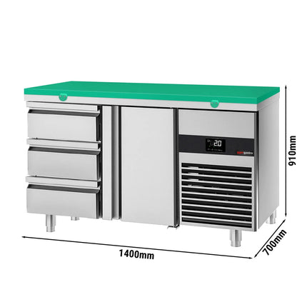 GGM Gastro Commercial Counter Fridge PREMIUM - 1400x700mm - with 1 door - 3 drawers - incl. cutting board green - capacity 281 litres