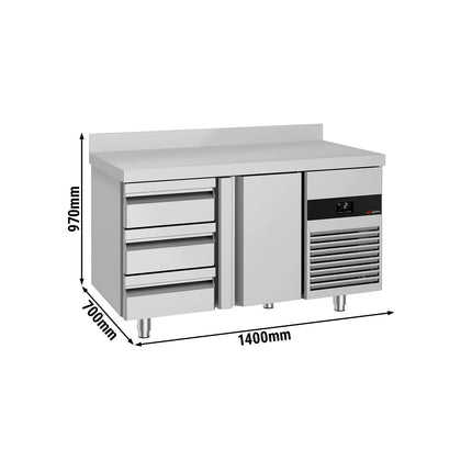 GGM Gastro Commercial Counter Fridge PREMIUM - 1400x700mm - with 1 door - 3 drawers - with upstand - capacity 281 litres