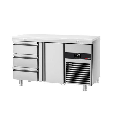 GGM Gastro Commercial Counter Fridge PREMIUM - 1400x700mm - with 1 door - 3 drawers - incl. cutting board white - capacity 281 litres