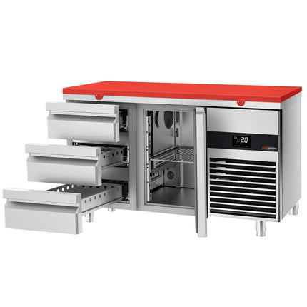 GGM Gastro Commercial Counter Fridge PREMIUM - 1400x700mm - with 1 door - 3 drawers - incl. cutting board red - capacity 281 litres