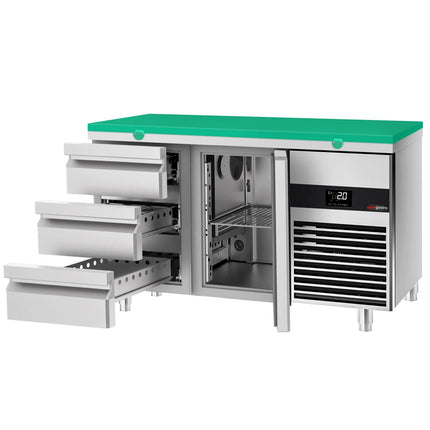 GGM Gastro Commercial Counter Fridge PREMIUM - 1400x700mm - with 1 door - 3 drawers - incl. cutting board green - capacity 281 litres