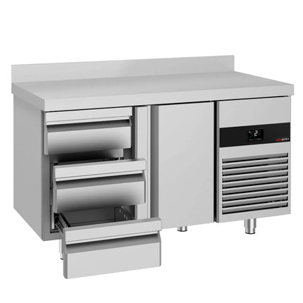 GGM Gastro Commercial Counter Fridge PREMIUM - 1400x700mm - with 1 door - 3 drawers - with upstand - capacity 281 litres