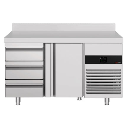 GGM Gastro Commercial Counter Fridge PREMIUM - 1400x700mm - with 1 door - 3 drawers - with upstand - capacity 281 litres