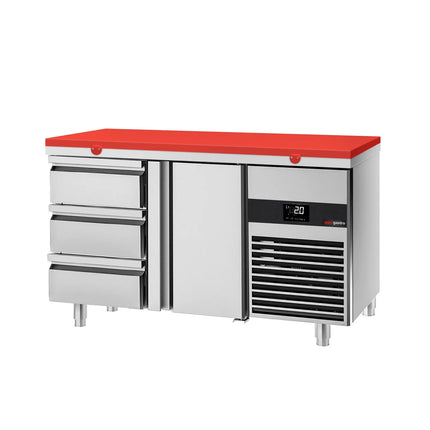GGM Gastro Commercial Counter Fridge PREMIUM - 1400x700mm - with 1 door - 3 drawers - incl. cutting board red - capacity 281 litres