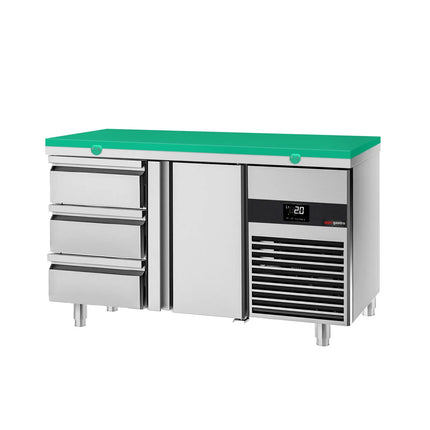 GGM Gastro Commercial Counter Fridge PREMIUM - 1400x700mm - with 1 door - 3 drawers - incl. cutting board green - capacity 281 litres