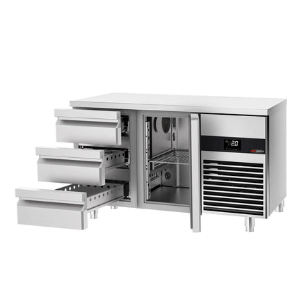 GGM Gastro Commercial Counter Fridge PREMIUM - 1400x700mm - with 1 door - 3 drawers - incl. cutting board red - capacity 281 litres