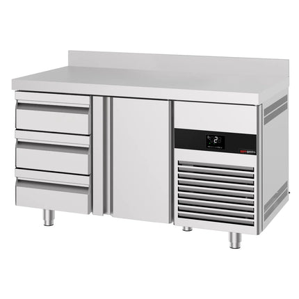 GGM Gastro Commercial Counter Fridge PREMIUM - 1400x700mm - with 1 door - 3 drawers - with upstand - capacity 281 litres