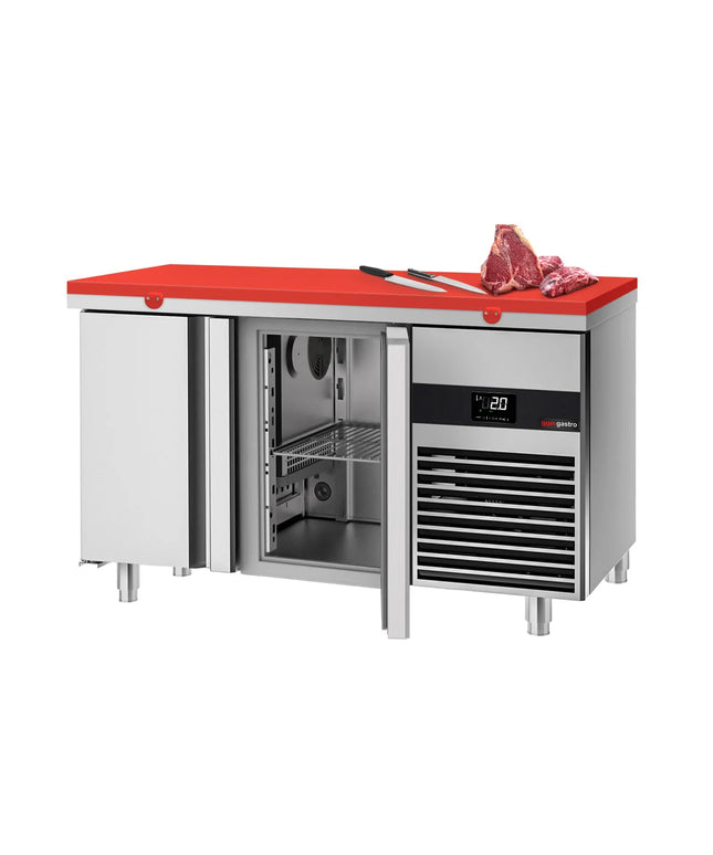 GGM Gastro Commercial Counter Fridge PREMIUM - 1400x700mm - with 2 doors - incl. cutting board red - capacity 281 litres