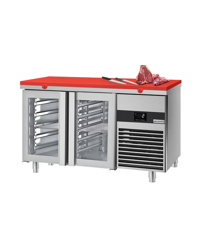 GGM Gastro Commercial Counter Fridge PREMIUM - 1400x700mm - with 2 glass doors - incl. cutting board red