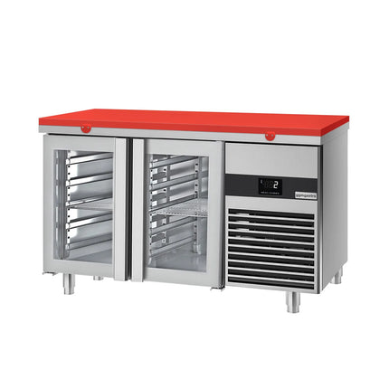 GGM Gastro Commercial Counter Fridge PREMIUM - 1400x700mm - with 2 glass doors - incl. cutting board red