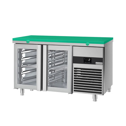 GGM Gastro Commercial Counter Fridge PREMIUM - 1400x700mm - with 2 glass doors - incl. cutting board green