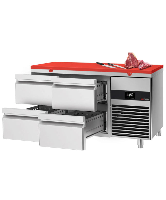 GGM Gastro Commercial Counter Fridge PREMIUM - 1400x700mm - with 4 drawers - incl. cutting board red - capacity 281 litres