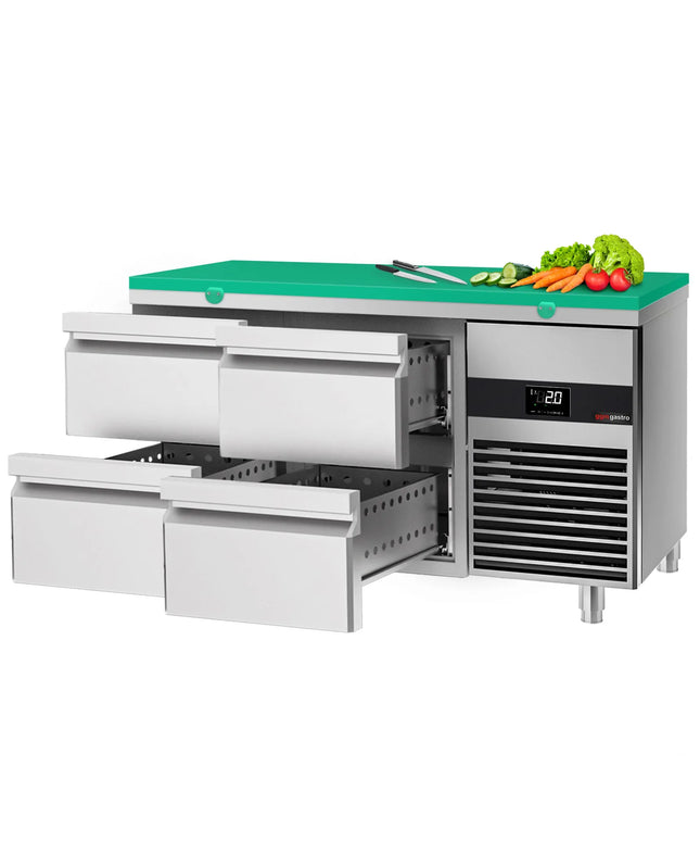 GGM Gastro Commercial Counter Fridge PREMIUM - 1400x700mm - with 4 drawers - incl. cutting board green - capacity 281 litres
