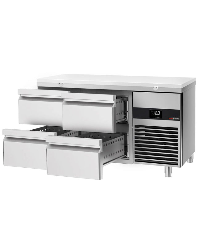 GGM Gastro Commercial Counter Fridge PREMIUM - 1400x700mm - with 4 drawers - incl. cutting board white - capacity 281 litres