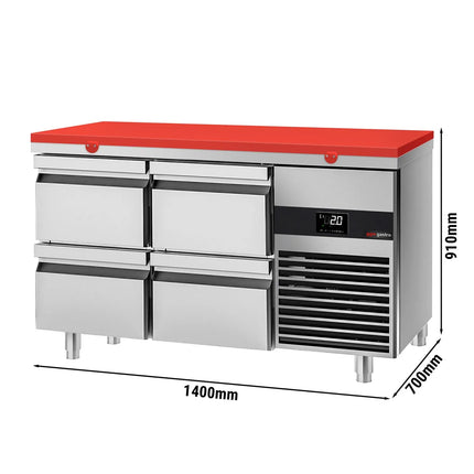 GGM Gastro Commercial Counter Fridge PREMIUM - 1400x700mm - with 4 drawers - incl. cutting board red - capacity 281 litres