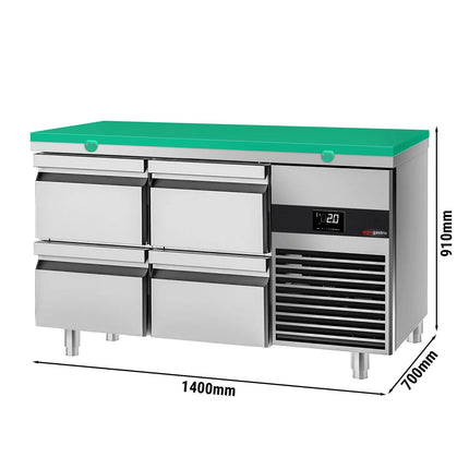 GGM Gastro Commercial Counter Fridge PREMIUM - 1400x700mm - with 4 drawers - incl. cutting board green - capacity 281 litres