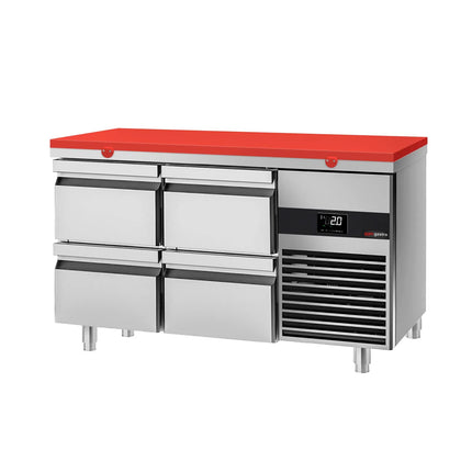 GGM Gastro Commercial Counter Fridge PREMIUM - 1400x700mm - with 4 drawers - incl. cutting board red - capacity 281 litres