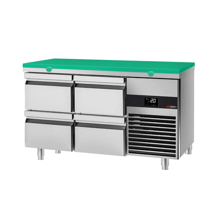 GGM Gastro Commercial Counter Fridge PREMIUM - 1400x700mm - with 4 drawers - incl. cutting board green - capacity 281 litres