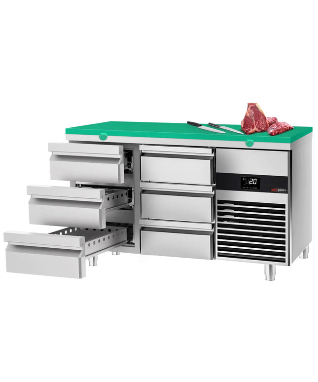 GGM Gastro Commercial Counter Fridge PREMIUM - 1400x700mm - with 6 drawers - incl. cutting board green
