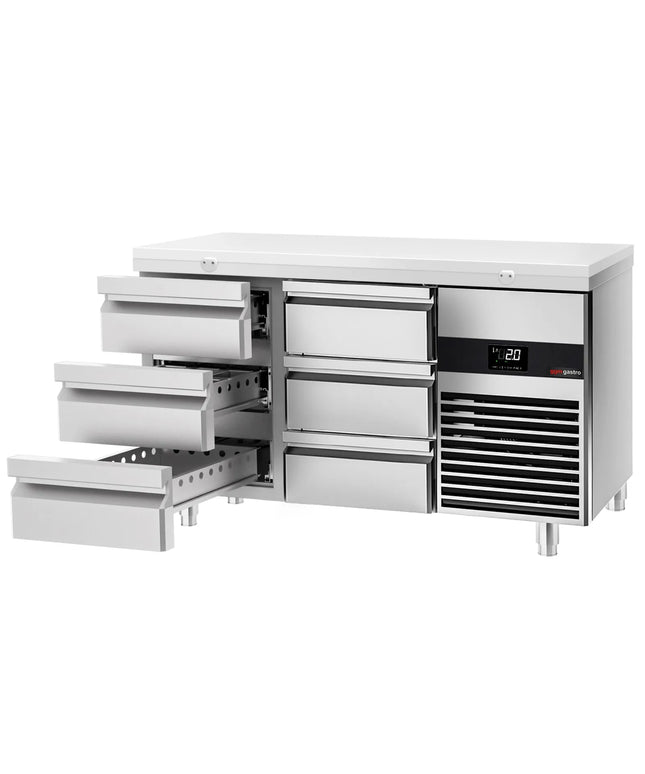 GGM Gastro Commercial Counter Fridge PREMIUM - 1400x700mm - with 6 drawers - incl. cutting board white