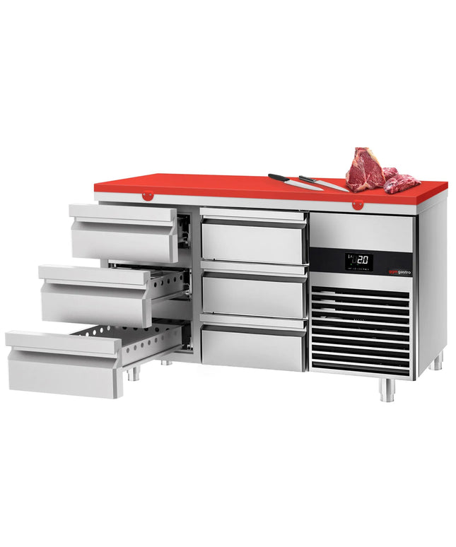 GGM Gastro Commercial Counter Fridge PREMIUM - 1400x700mm - with 6 drawers - incl. cutting board red
