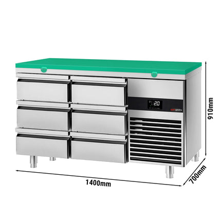 GGM Gastro Commercial Counter Fridge PREMIUM - 1400x700mm - with 6 drawers - incl. cutting board green