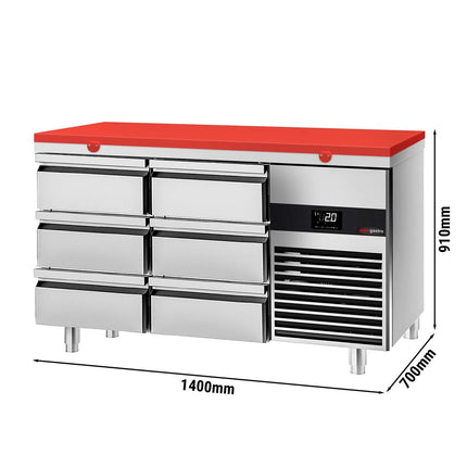GGM Gastro Commercial Counter Fridge PREMIUM - 1400x700mm - with 6 drawers - incl. cutting board red