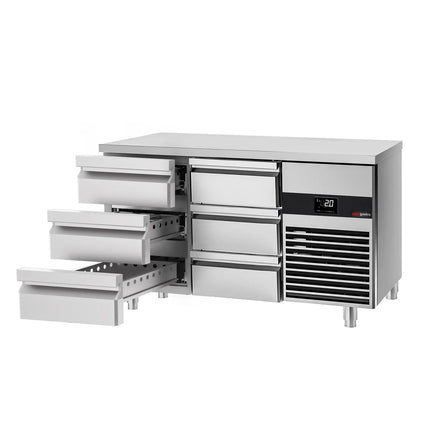 GGM Gastro Commercial Counter Fridge PREMIUM - 1400x700mm - with 6 drawers - incl. cutting board red