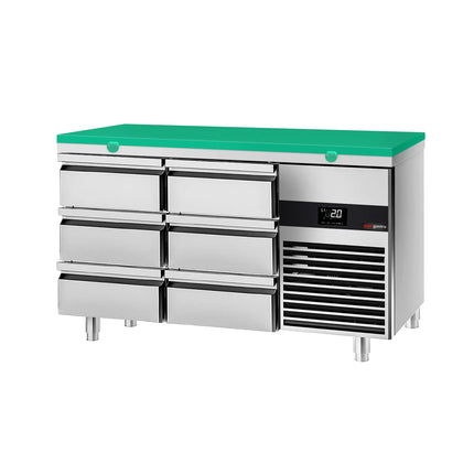 GGM Gastro Commercial Counter Fridge PREMIUM - 1400x700mm - with 6 drawers - incl. cutting board green