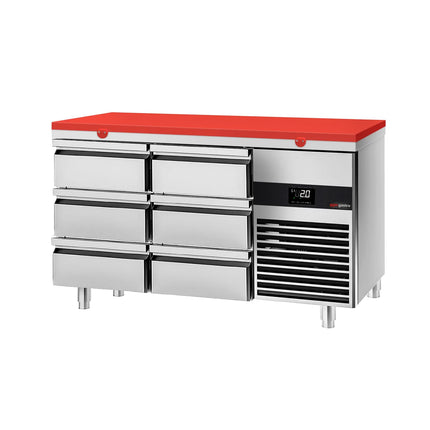 GGM Gastro Commercial Counter Fridge PREMIUM - 1400x700mm - with 6 drawers - incl. cutting board red