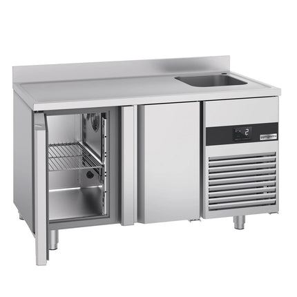 GGM Gastro Commercial Counter Fridge PREMIUM - 1430x700mm - with 2 doors - sink right - with upstand - capacity 270 litres