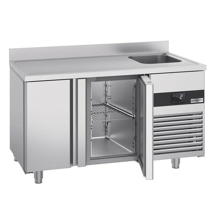 GGM Gastro Commercial Counter Fridge PREMIUM - 1430x700mm - with 2 doors - sink right - with upstand - capacity 270 litres