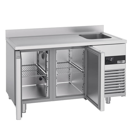 GGM Gastro Commercial Counter Fridge PREMIUM - 1430x700mm - with 2 doors - sink right - with upstand - capacity 270 litres
