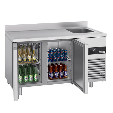 GGM Gastro Commercial Counter Fridge PREMIUM - 1430x700mm - with 2 doors - sink right - with upstand - capacity 270 litres